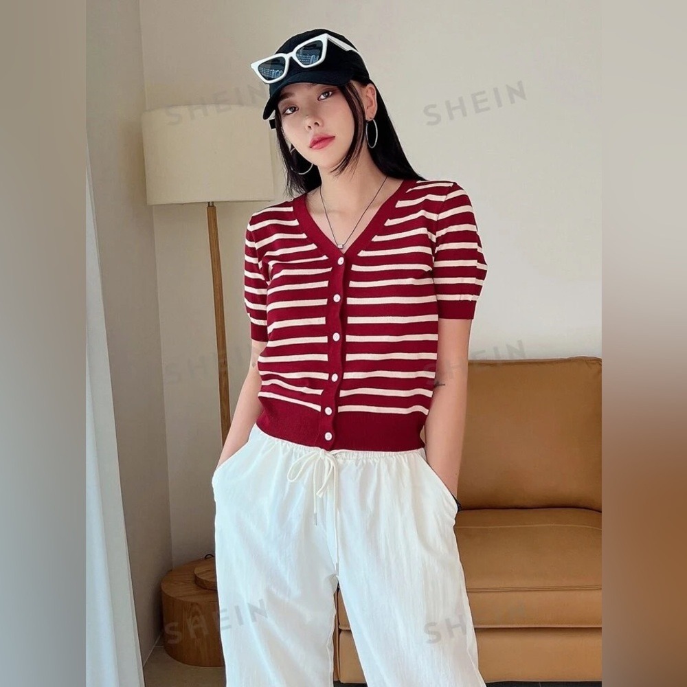 SHEIN Burgundy Striped Short Sleeve V-Neck Button Front Knit Cardigan Sweater